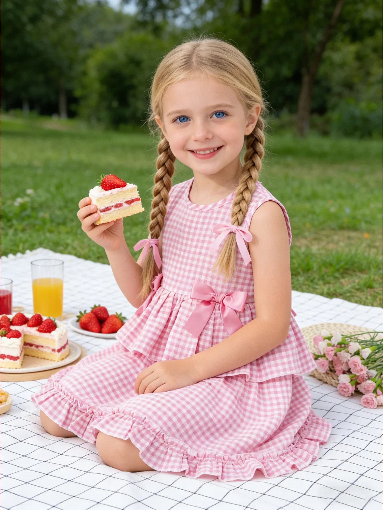 Toddler Girls Gingham Sleeveless Summer Dress – Pastoral Layered Ruffle Dress with Bows (2-7Y)
