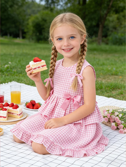 Toddler Girls Gingham Sleeveless Summer Dress – Pastoral Layered Ruffle Dress with Bows (2-7Y)