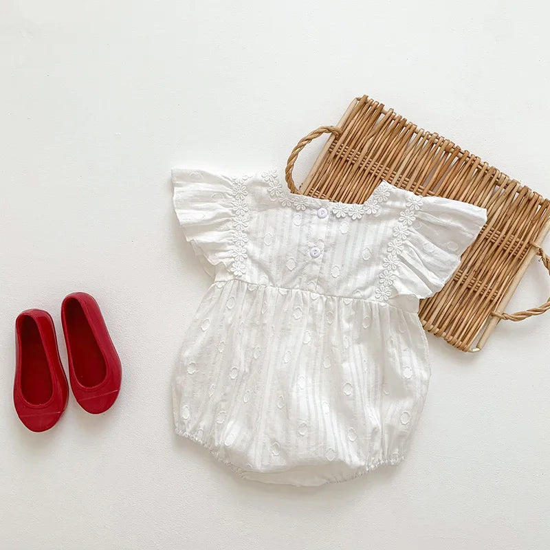 Embroidered Floral Flutter Sleeve Baby Romper – White Eyelet Cotton One-Piece (3M-24M)