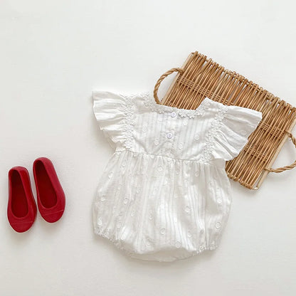 Embroidered Floral Flutter Sleeve Baby Romper – White Eyelet Cotton One-Piece (3M-24M)