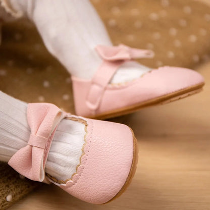 Baby Girl Mary Jane Dress Shoes - Non-Slip Rubber Sole Bowknot First Walkers (0-18M)