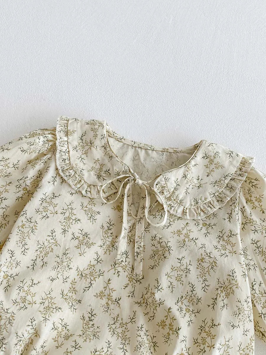Baby Girl Floral Long Sleeve Bodysuit - Korean Style Peter Pan Collar Romper (0-24 Months)