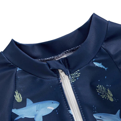 Navy Blue Shark Rash Guard Swimsuit & Sun Hat Set | UPF 50+ Protection (0-5T)