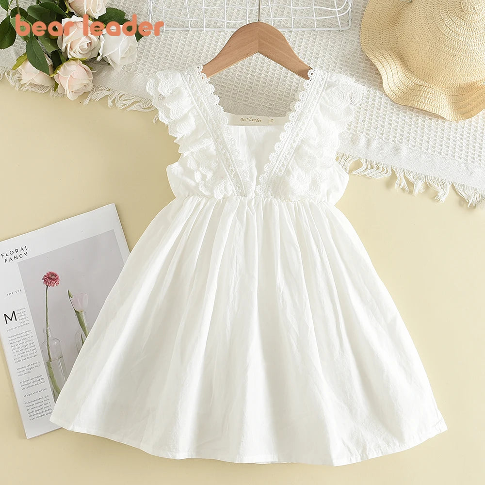 Girls White Lace Ruffle Summer Dress - Soft Cotton Occasion Wear (2T-7)