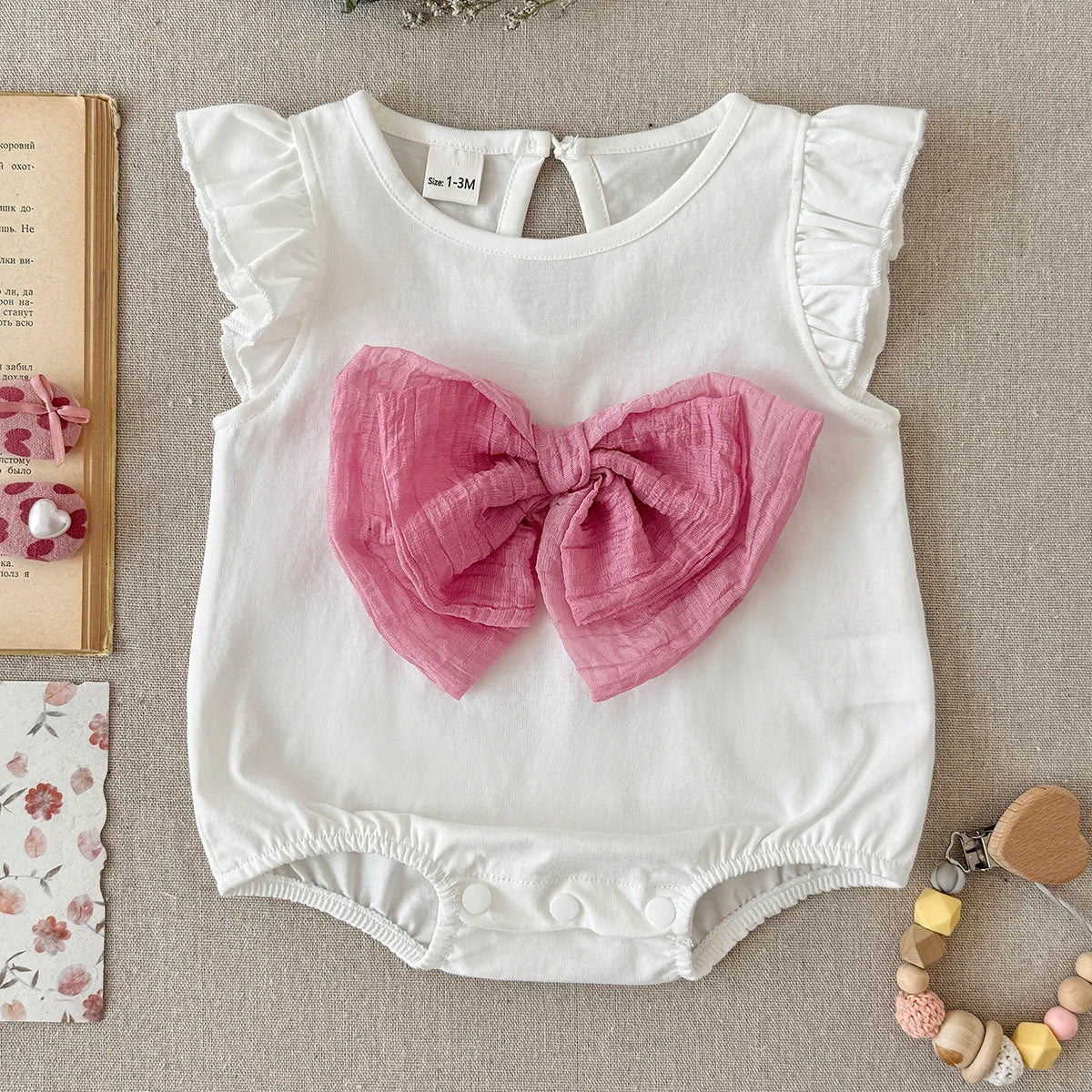 Baby Girl Ruffle Sleeve Knitted Bodysuit - Sweet Summer One-Piece Romper with Large Bow (1-18M)