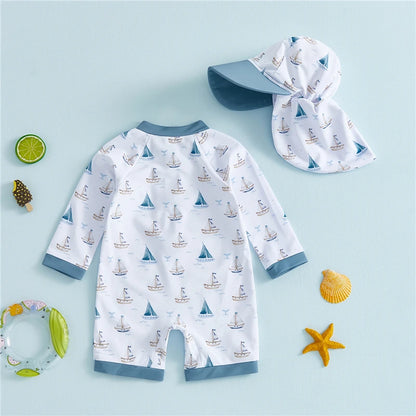 Nautical Sailboat Rash Guard Swimsuit & Sun Hat Set - Long Sleeve Ivory (3M - 5T)