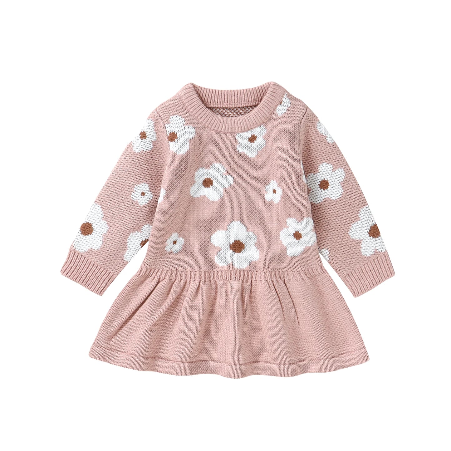 Infant & Toddler Girl Floral Knit Sweater Dress - Long Sleeve Pink Flower A-Line Skirt (6M-3T)