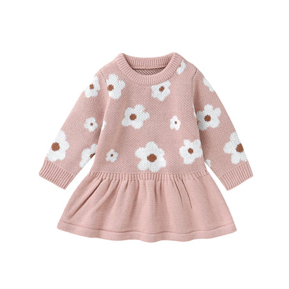 Infant & Toddler Girl Floral Knit Sweater Dress - Long Sleeve Pink Flower A-Line Skirt (6M-3T)