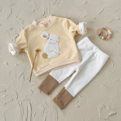 Toddler Girl Winter Bunny Fleece Outfit - 2pc Sherpa-Lined Sweatshirt & Joggers Set (6M-3T)
