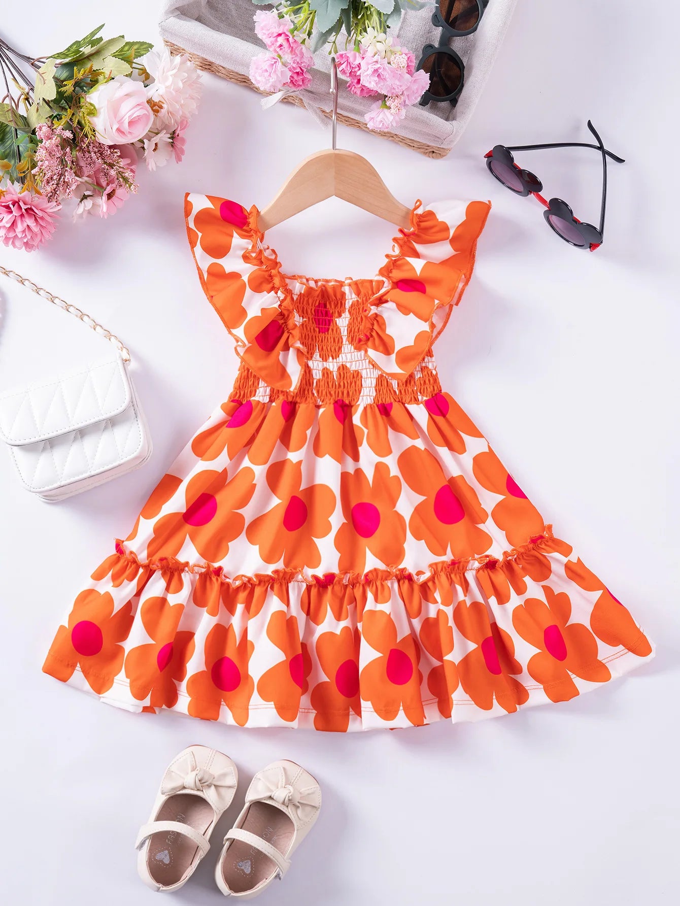 Girls Floral Summer Dress with Ruffled Sleeves & Smocked Waist (2T-6T)