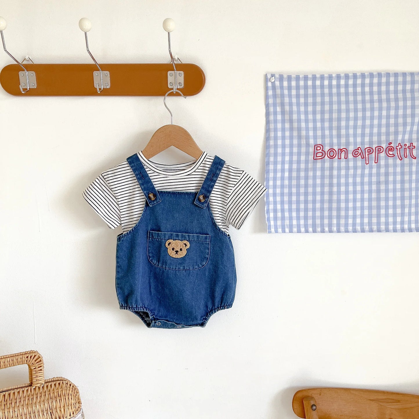 Unisex Baby Striped T-Shirt and Denim Bear Romper Set - 2pc Summer Toddler Outfit (3M-3T)