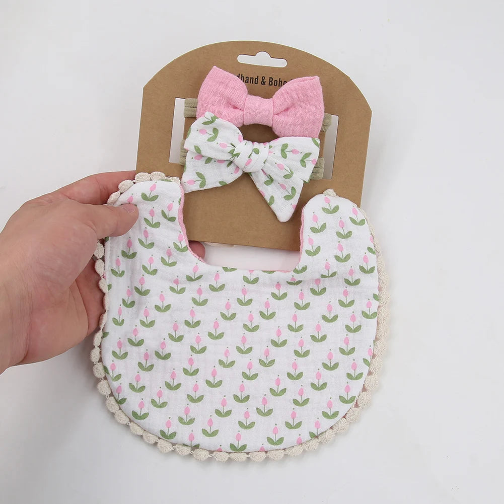 3pc Baby Girl Double-Gauze Muslin Bib & Headband Set - Soft Cotton Floral Saliva Towel & Bows