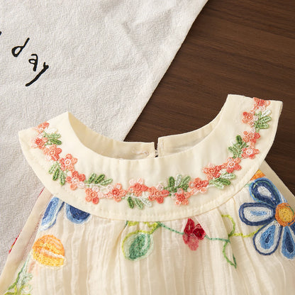 Embroidered Baby Girl Summer Dress - Floral Cotton Sleeveless A-Line Toddler Dress (6M - 4T)