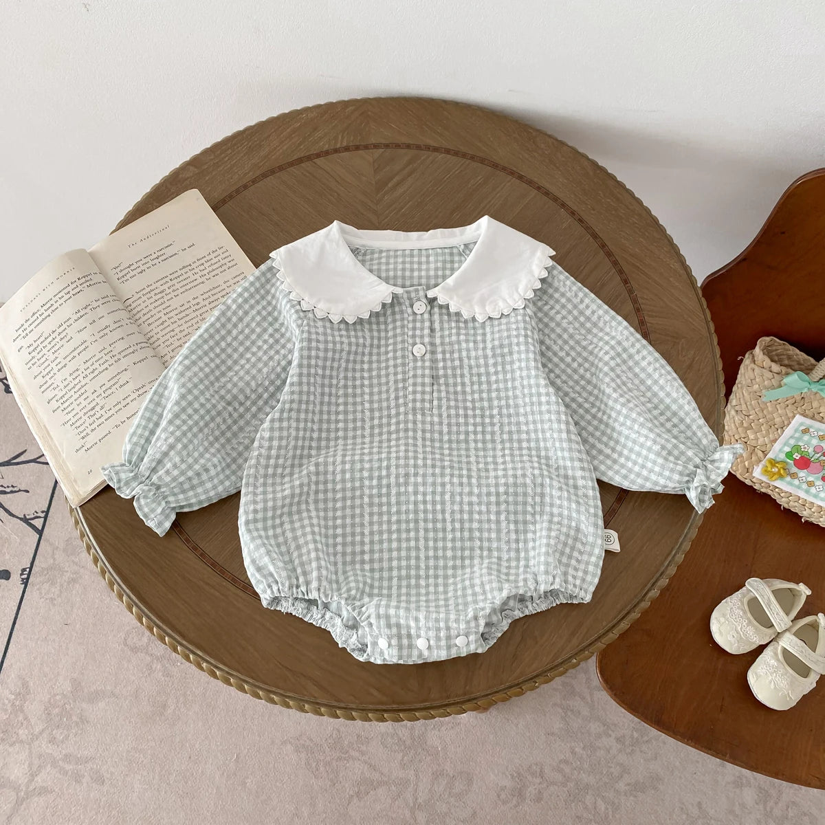 Newborn Baby Girl Sky Blue Gingham Romper - Long Sleeve Peter Pan Collar Cotton Jumpsuit (0-12 Months)