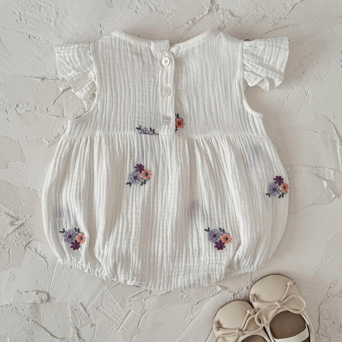 Summer Embroidered Floral Baby Romper - White Cotton Muslin Ruffle Sleeve Bodysuit (6-18M)
