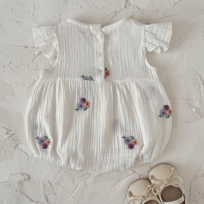 Summer Embroidered Floral Baby Romper - White Cotton Muslin Ruffle Sleeve Bodysuit (6-18M)