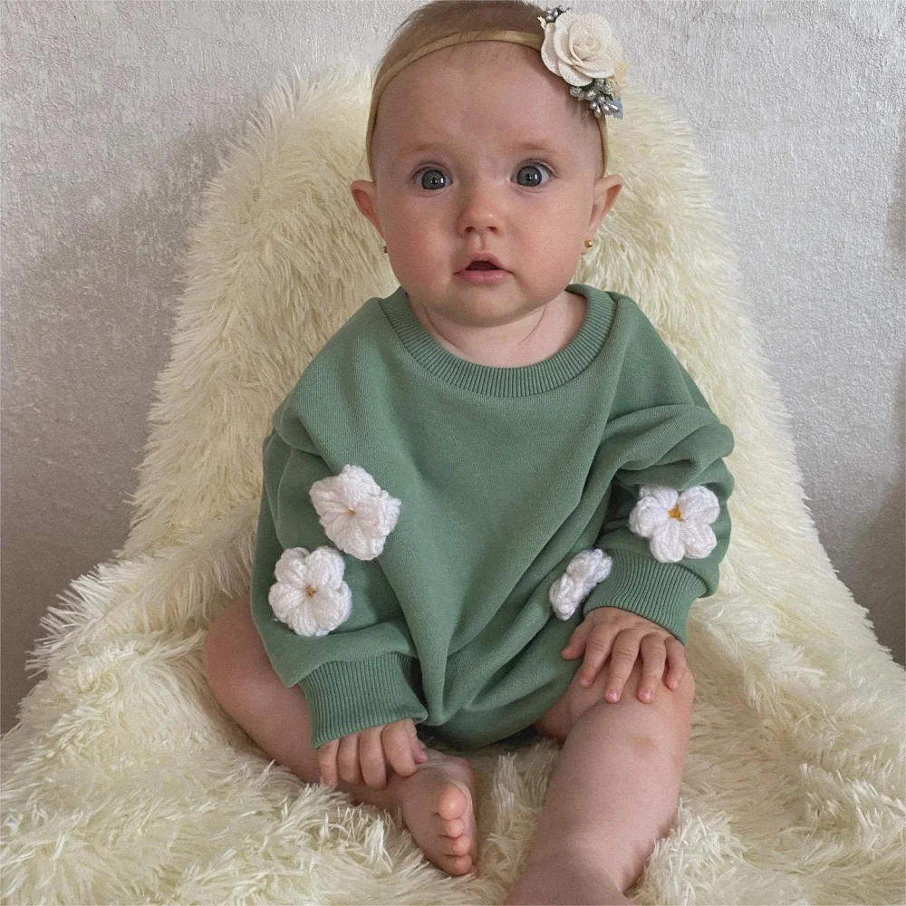 Baby Cotton Sweatshirt Romper - 3D Cloud & Flower Applique (1-18M)