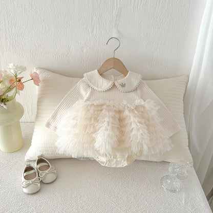 Baby Girl Princess Tulle Dress Bodysuit - Cream Peter Pan Collar Romper with Gold Crown (3-24M)