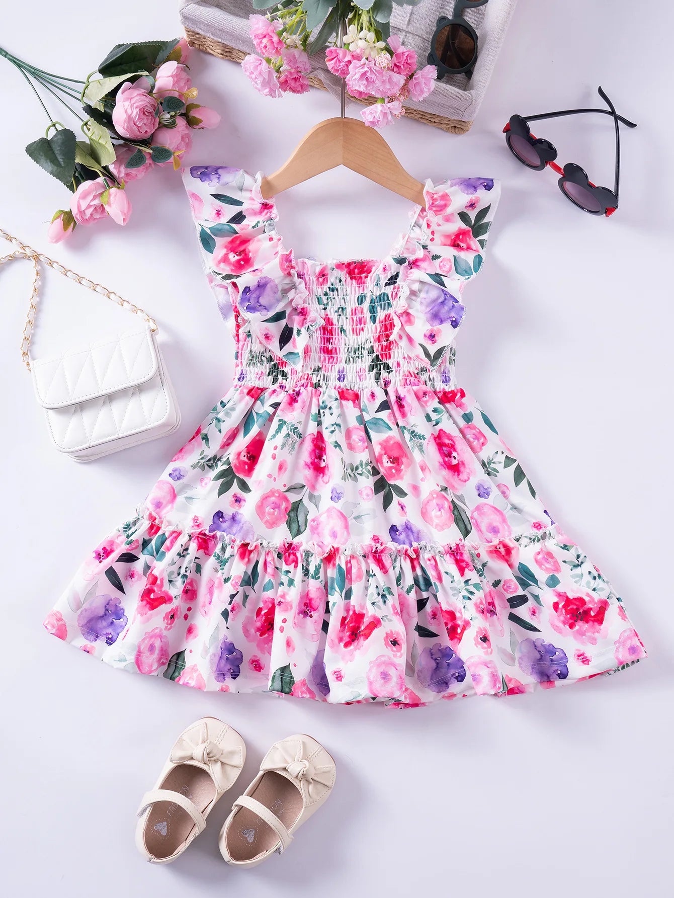Girls Floral Summer Dress with Ruffled Sleeves & Smocked Waist (2T-6T)