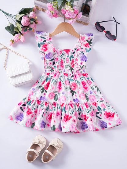 Girls Floral Summer Dress with Ruffled Sleeves & Smocked Waist (2T-6T)