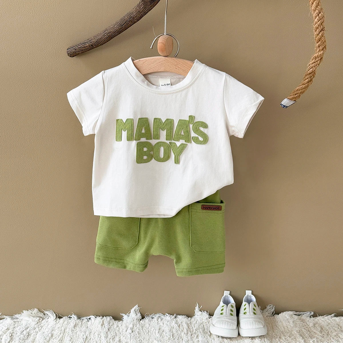 Mama's Boy 2-Piece Baby Boy Summer Clothes Set - Ribbed Shorts & Short Sleeve T-Shirt (6M-3T)