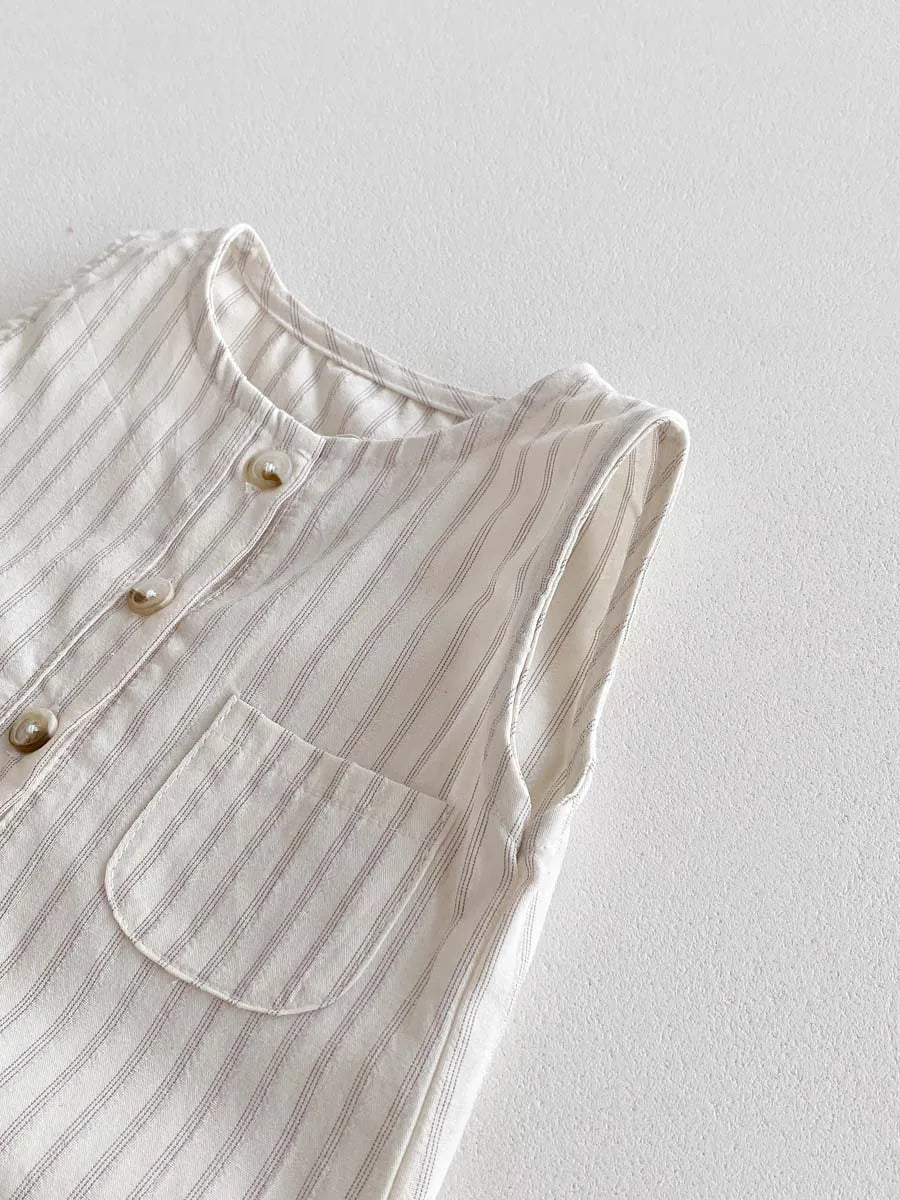 Neutral Ticking-Stripe Sleeveless Baby Romper with Matching Sun Hat - 100% Cotton (0-24M)
