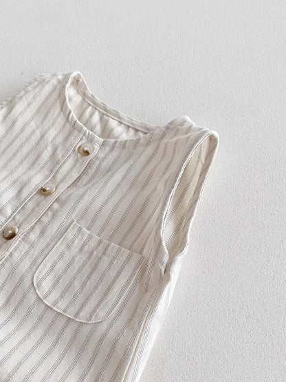 Neutral Ticking-Stripe Sleeveless Baby Romper with Matching Sun Hat - 100% Cotton (0-24M)