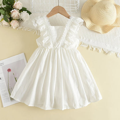 Girls White Lace Ruffle Summer Dress - Soft Cotton Occasion Wear (2T-7)