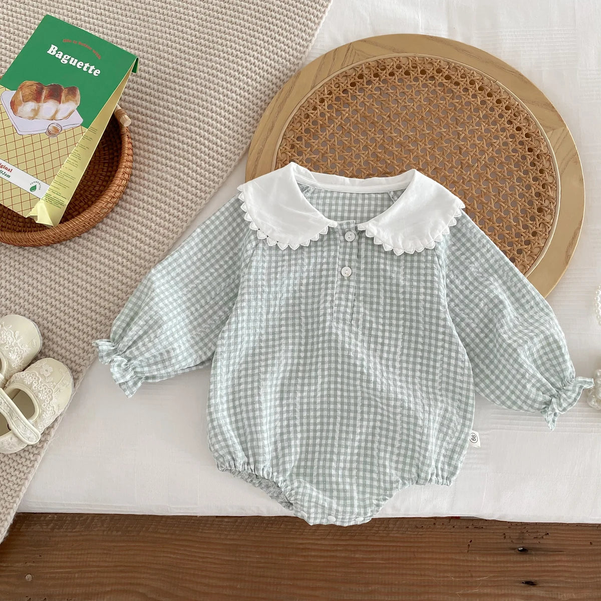 Newborn Baby Girl Sky Blue Gingham Romper - Long Sleeve Peter Pan Collar Cotton Jumpsuit (0-12 Months)