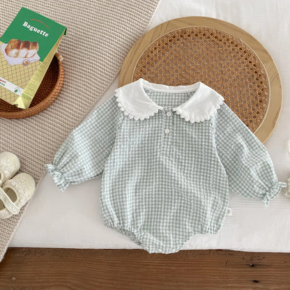 Newborn Baby Girl Sky Blue Gingham Romper - Long Sleeve Peter Pan Collar Cotton Jumpsuit (0-12 Months)