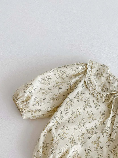 Baby Girl Floral Long Sleeve Bodysuit - Korean Style Peter Pan Collar Romper (0-24 Months)