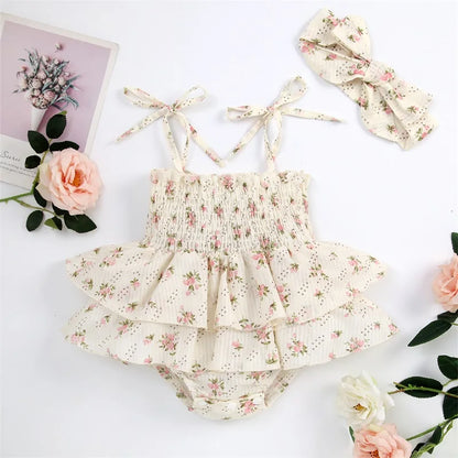 Baby Girl Summer Floral Romper Set – Sleeveless Ruffled Jumpsuit with Matching Bow Headband, Beige Cotton Blend (0-24M)