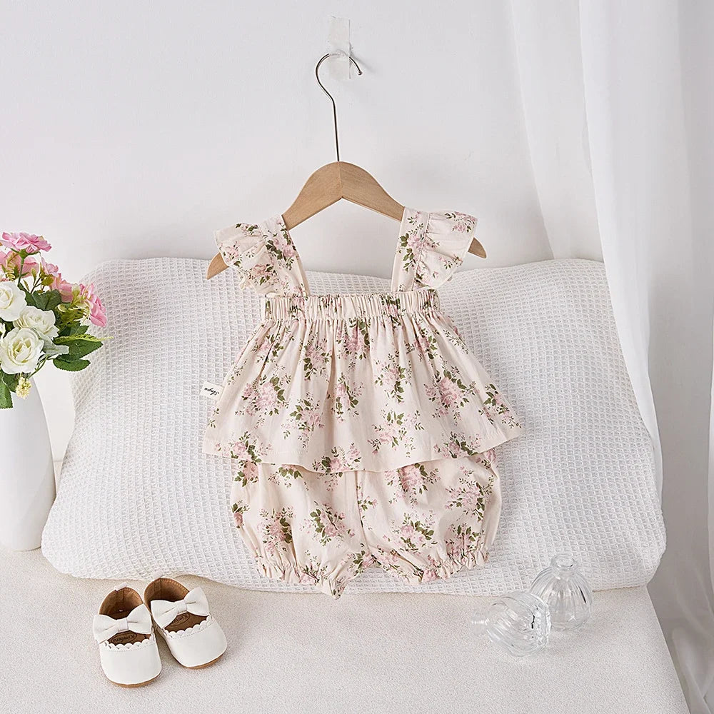 Baby & Toddler Girls Floral Cotton Outfit - Ruffled Top & Shorts Set - (3M- 3T)