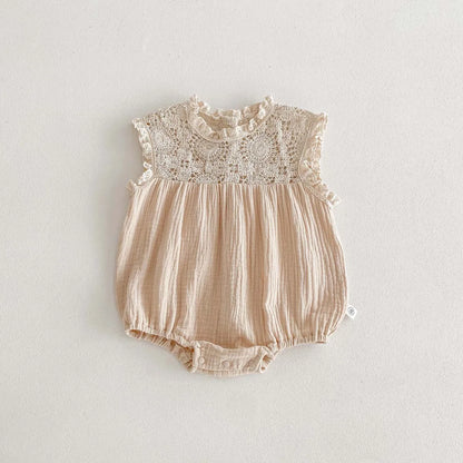 Vintage Cottagecore Baby Girl Lace Romper - Boho Muslin Summer Jumpsuit & Sunsuit (0-18M)