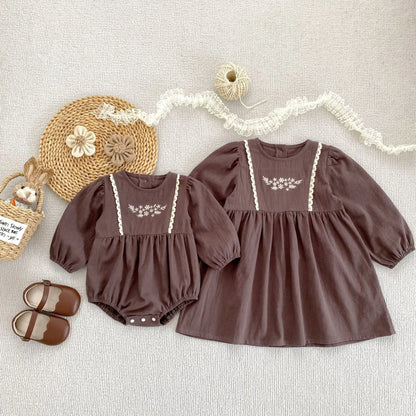 Toddler & Girls Brown Floral Embroidered Cotton Long Sleeve Dress (2T-6T)