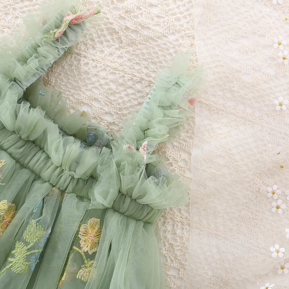 Fairy Princess Tulle Dress - Sage Green Floral Embroidery (6M-5T)