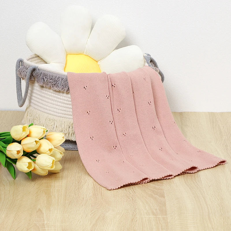 100% Cotton Knitted Baby Blanket - Soft Pointelle Cellular Receiving Blanket