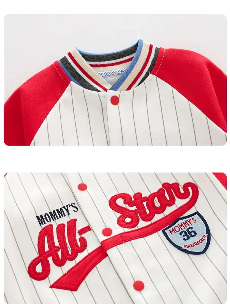 Mommy's All-Star Baseball Romper | Pinstripe Cotton Jersey - Red/White (0-18M)