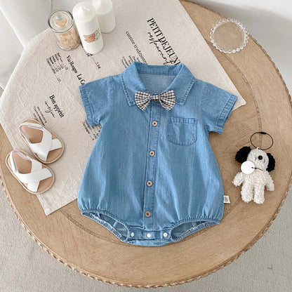 Baby Boy Korean Style Cotton Romper - Short Sleeve Lapel Shirt Jumpsuit with Bow Tie (0-24 Months)