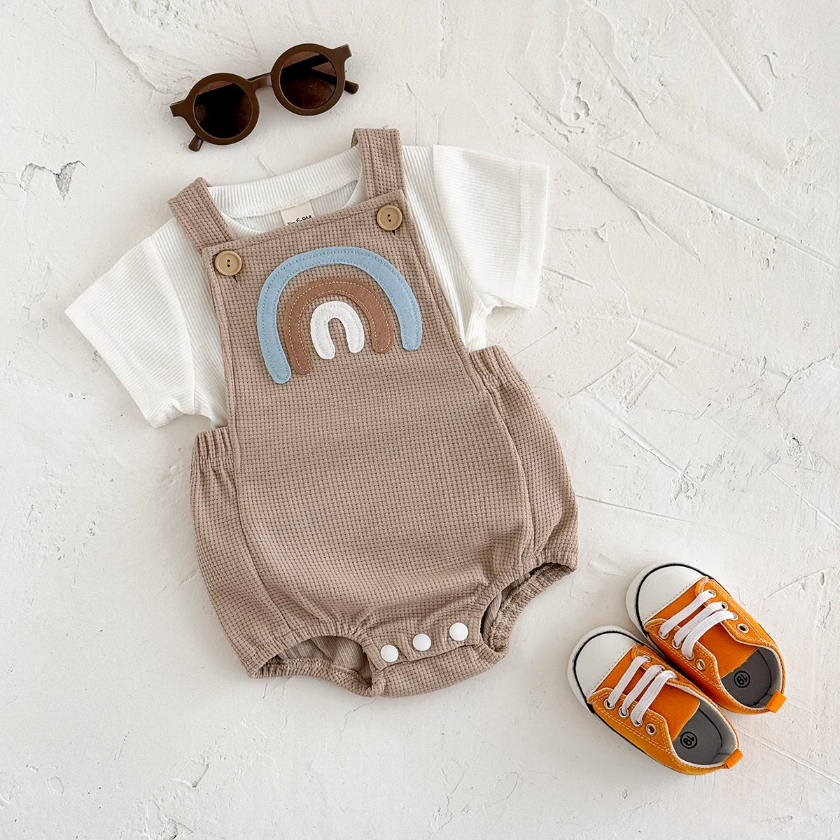 Infant Rainbow Appliqué Waffle Romper Set with Criss-Cross Back & Snap Bottoms (1-18M)