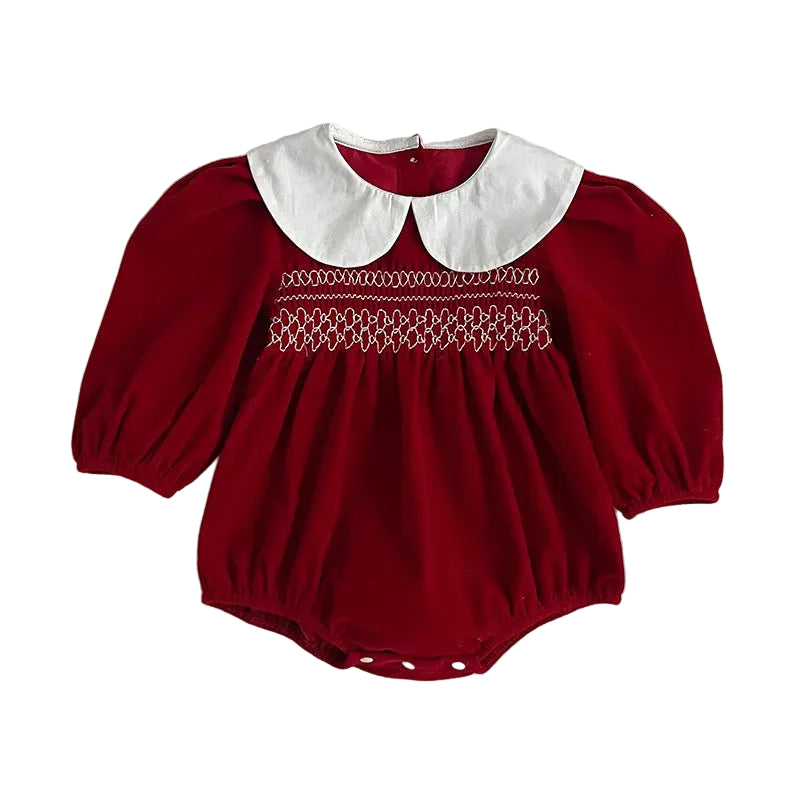 Baby Girl Red Christmas Bubble Romper | Smocked Holiday Outfit with Collar (3-24M)