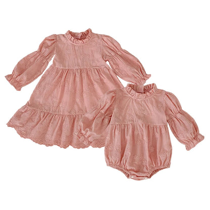 Toddler & Girls Pink Floral Embroidered Long Sleeve Tiered Dress (2T-6T)