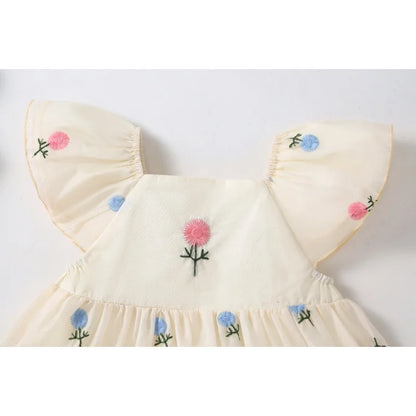 Baby Girl Floral Embroidered Cotton Romper Dress with Matching Headband | Flutter Sleeve Summer Toddler Outfit (3-24M)