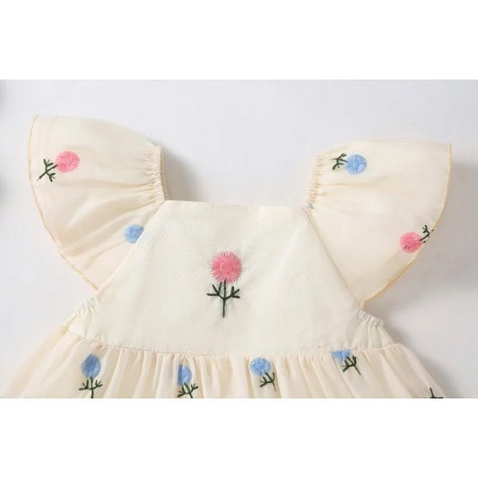 Baby Girl Floral Embroidered Cotton Romper Dress with Matching Headband | Flutter Sleeve Summer Toddler Outfit (3-24M)