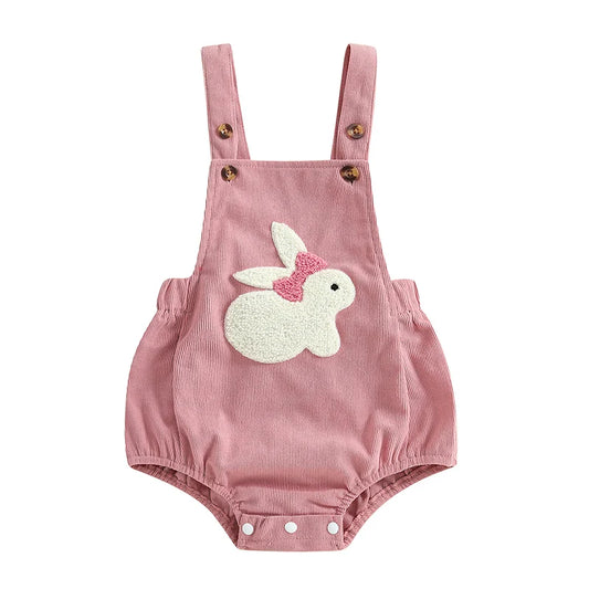 Baby Girl Easter Bunny Embroidered Corduroy Romper - Pink Sleeveless Jumpsuit Overalls, (0-18M)