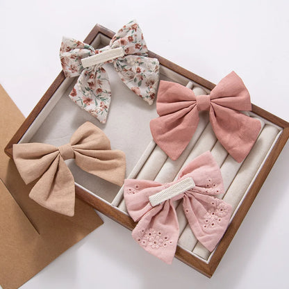 4pc Large Linen Baby Hair Bows - 3.5" Oversized Boutique Fabric Clips