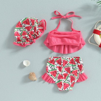 Baby Girl 3-Piece Ruffle Bikini Set, Watermelon & Mermaid Swimsuit with Cap (6M-4T)