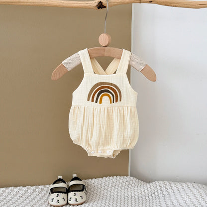 Boho Rainbow Baby Romper - Soft Viscose Muslin Bodysuit - Earth Tone Sleeveless Sunsuit for Newborn & Infants (1-18M)