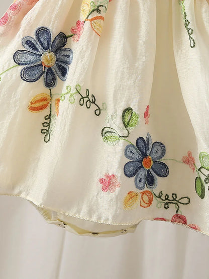 Baby Girl Floral Embroidery Summer Romper Dress - Sleeveless Cotton Bodysuit (3-24M)