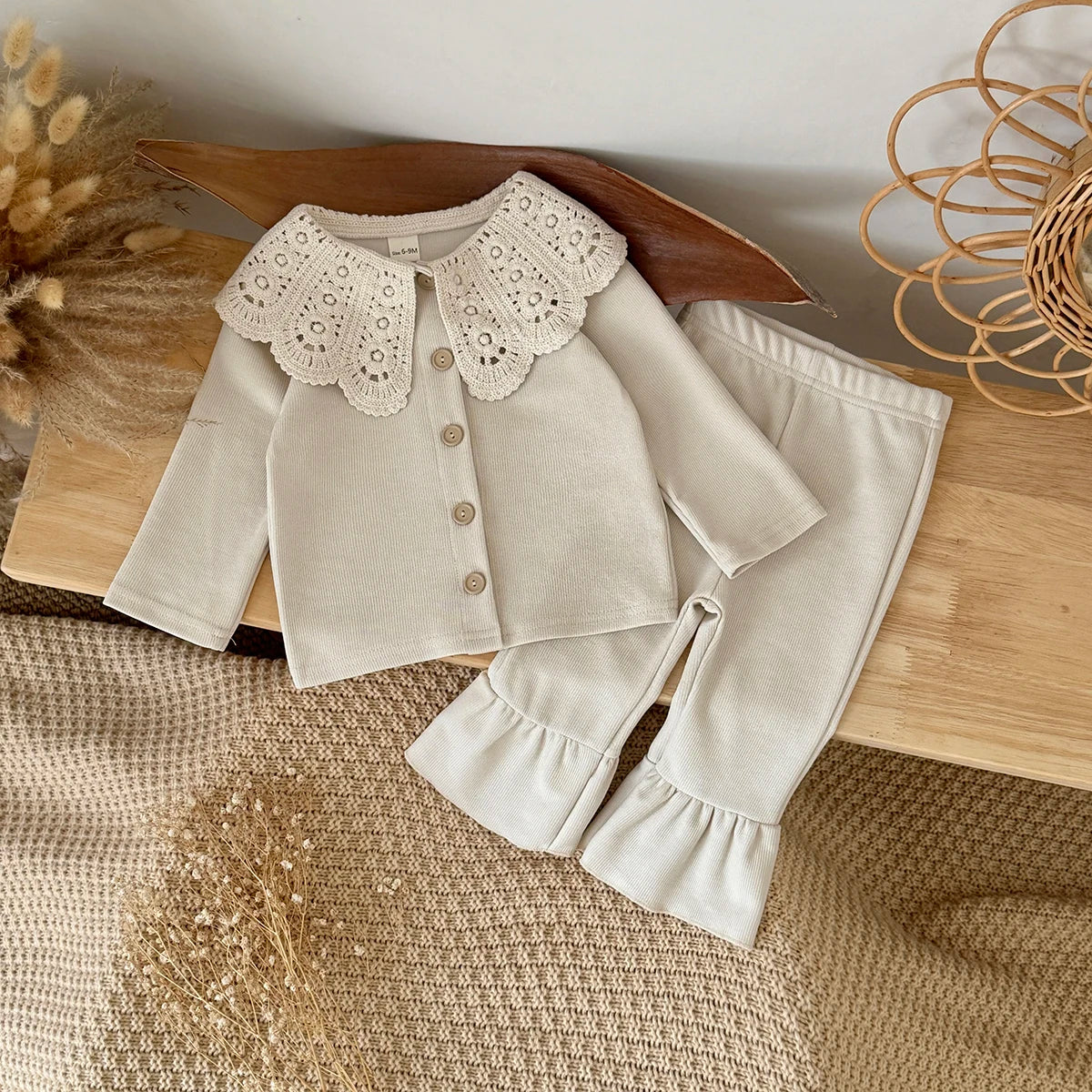 Toddler Girls Ribbed Knit Cardigan & Flare Pants Set with Crochet Lace Collar – 2-Piece Spring Outfit (6M-3T)